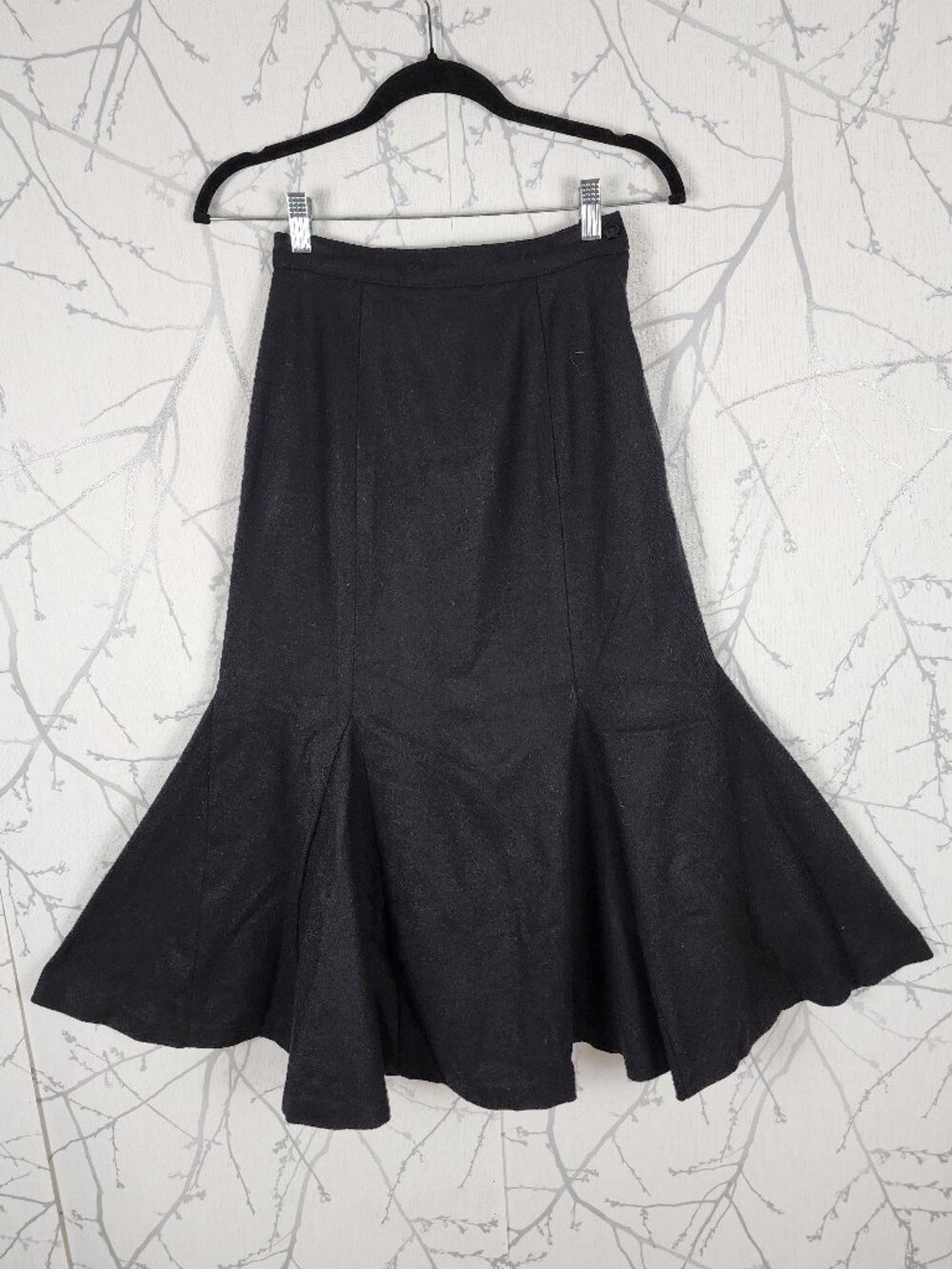 Black Wool Flannel Mermaid Flowy Maxi Skirt